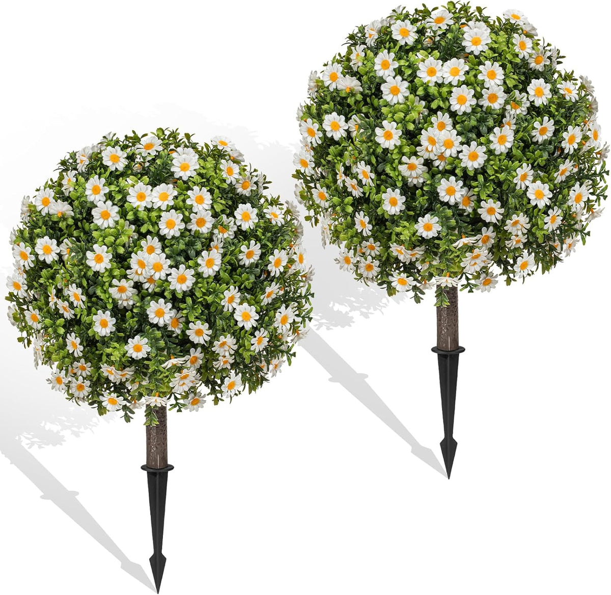 Artificial Boxwood Topiary Ball Bush for Outdoor with Spike, Set of 2 UV Resistant Faux Boxwood Ball Tree with Stake, Weatherproof Fake Round Topiary Shrub Plant for Front Porch Planter
