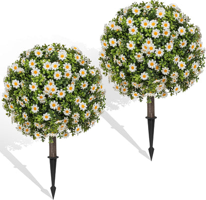 Artificial Boxwood Topiary Ball Bush for Outdoor with Spike, Set of 2 UV Resistant Faux Boxwood Ball Tree with Stake, Weatherproof Fake Round Topiary Shrub Plant for Front Porch Planter