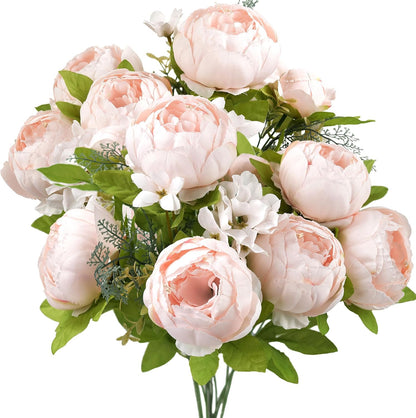 FiveSeasonStuff Artificial Peony Bouquets, 2 Cream Beige & Moss Green Silk Flower Bundles for Wedding Centerpieces & Home Decor – Vintage Peonies