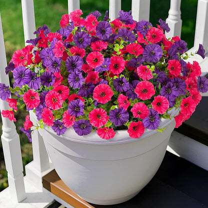 Artificial Flowers for Outdoors, 12 Bundles Fake Plastic Flower Plant, UV Resistant Faux Colorful Silk Morning Glory Petunias for Spring Summer Outside Garden Porch Front Door Decor, Purple