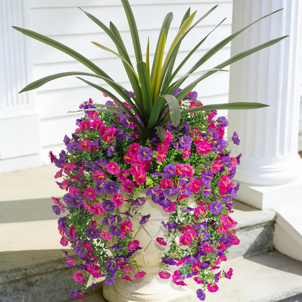 3 Bundles Fake Artificial Morning Glory Flowers for Outdoors, 1 Bundles Faux Greenery Plants UV Resistant Weatherproof for Indoor Outdoor Garden Patio Window Box Home Decor