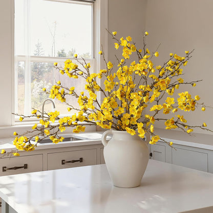 6 PCS Artificial Cherry Blossom Branches Spring Indoor Decoration, Faux Yellow Silk Flowers 34.45" Long Stems Real Touch Plum Fake Peach Plants for New Year Wedding Home Bedroom Table Office