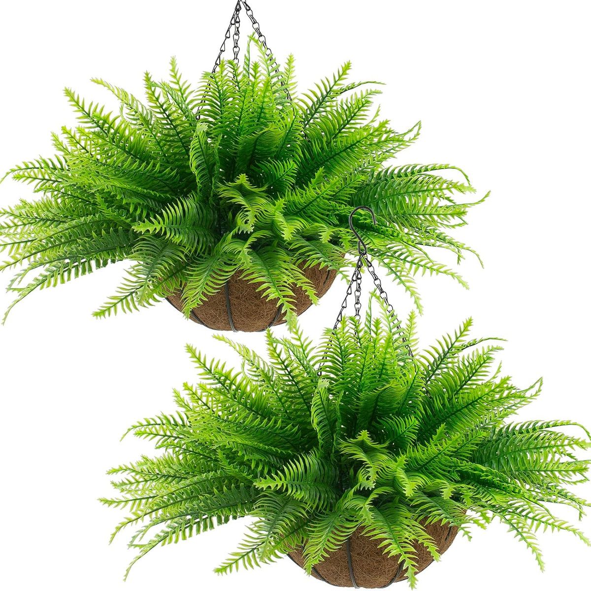 Fake Ferns Hanging Baskets, 2 Pcs Artificial Hanging Plants Outdoor, 2 Hanging Planters with 24 Pcs Fake Ferns for Indoor and Outdoor Decorations for Front Porch Garden Balcony Patio Home Decor (2, Green)