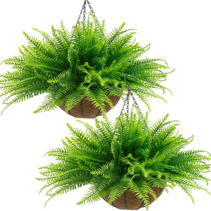 Fake Ferns Hanging Baskets, 2 Pcs Artificial Hanging Plants Outdoor, 2 Hanging Planters with 24 Pcs Fake Ferns for Indoor and Outdoor Decorations for Front Porch Garden Balcony Patio Home Decor (2, Green)