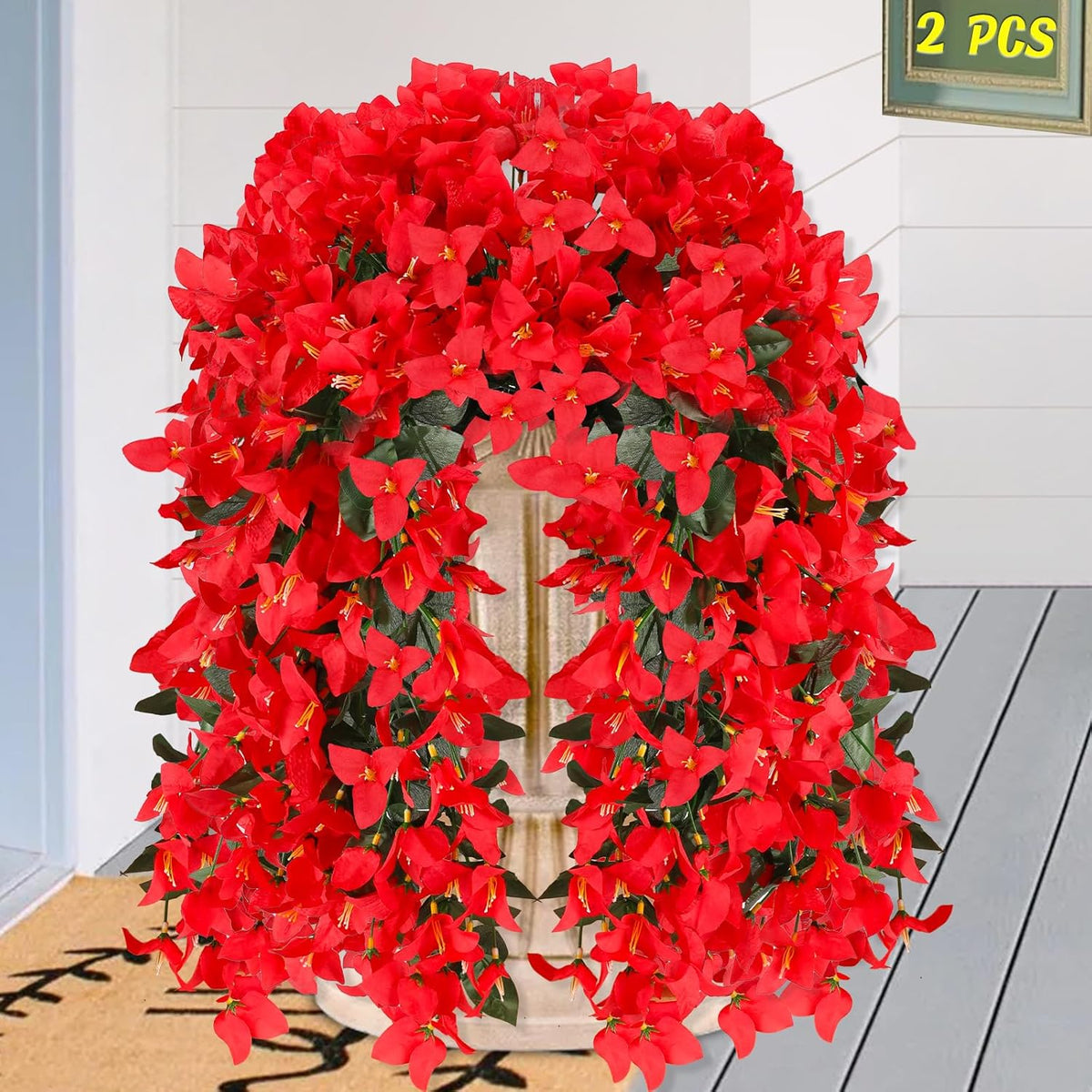 2 Pcs Artificial Bougainvillea Hanging Flowers, UV Resistant Silk Vines for Outdoor Porch Decor (Red)