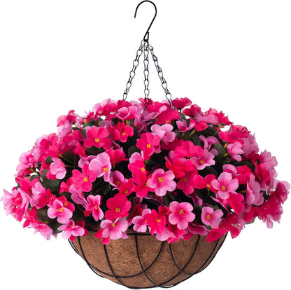 Artificial Hanging Flowers with Basket Outdoors, Fake Hydrangea UV Resistant Arrangements in Pot Planter Spring Summer Decor for Indoor Porch Garden Yard(Double Lotus)