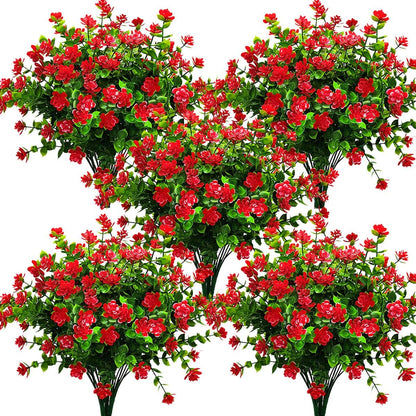 Grunyia 10 Bundles Artificial Fake Flowers, Faux Outdoor Plastic Plants UV Resistant Shrubs Outside Indoor Decorations (Blue-Eucalyptus)