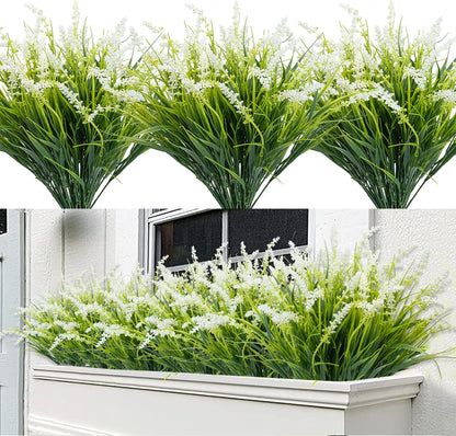 8 Bundles Artificial Plants Bushes Outdoor UV Resistant Fake Flowers Grass Bulk Faux Plastic Greenery for Fall Winter Summer Outside Window Box Planter Front Porch Yard Floral Arrangements