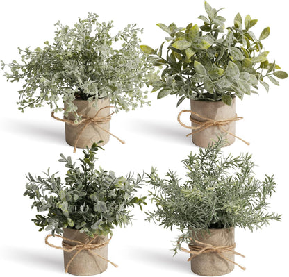 4 Pack Small Fake Plants in Pulp Pots for Home Decor, Rustic Artificial Plants Indoor, Faux Plants Indoor for Bathroom Kitchen Office Desk Shelf Farmhouse Room Decor