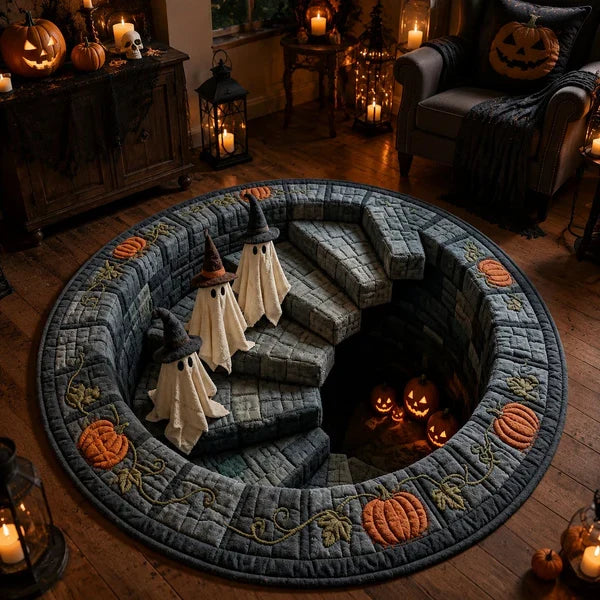 3D Haunted Staircase Round Rug - Spooky Optical Illusion Halloween Floor Carpet