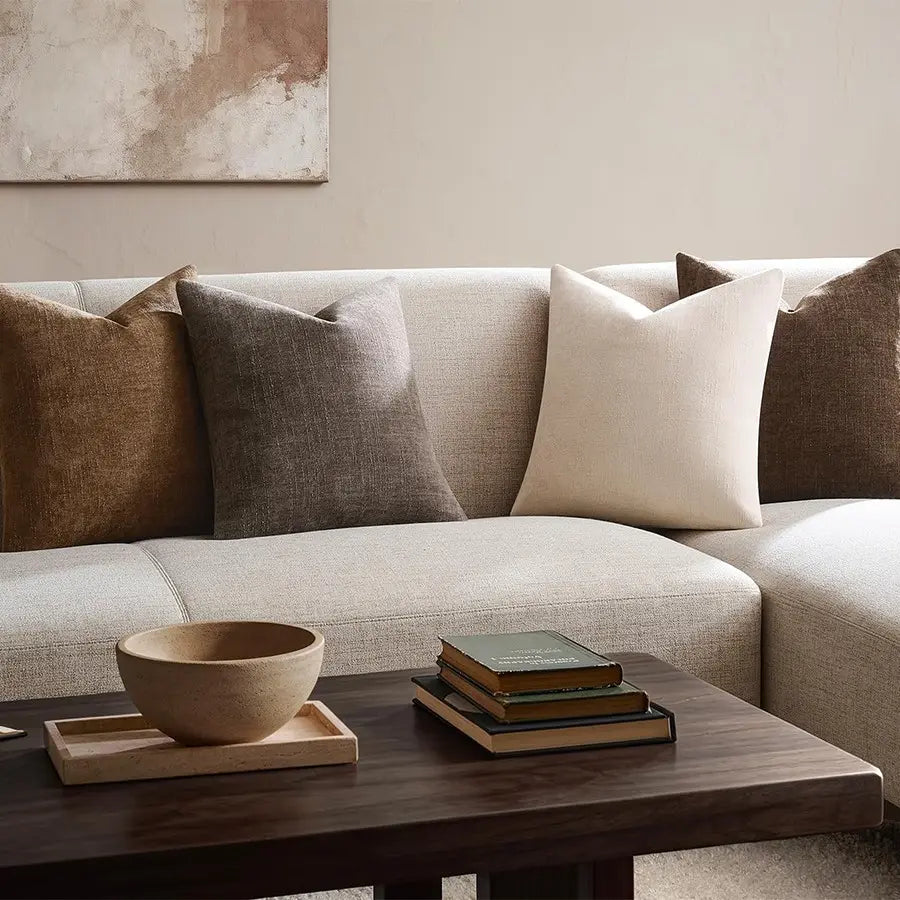 4Pcs Chenille Textured Throw Pillow Covers, Neutral Brown Solid Decorative Farmhouse Cushion Covers