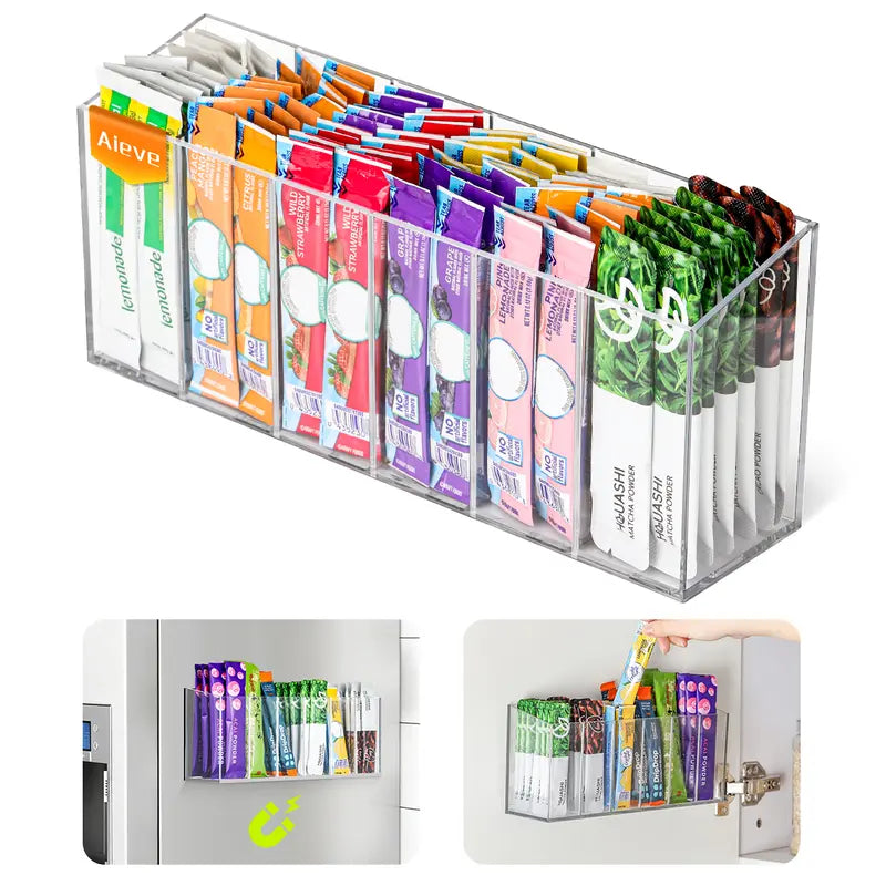 Drink Packet Organizer, Mountable Space-Saving Tidy Counter Setup Holder with Adhesive & Magnetic Sticker