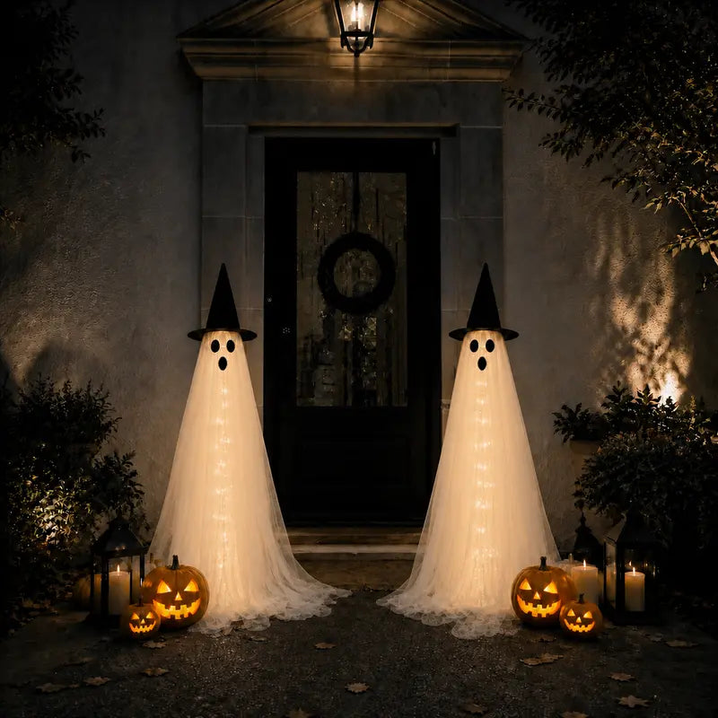 2-Packs Halloween Aesthetic Horror Lighted Ghost Decor Set, 5Ft Wind-Resistant Outdoor Party Decoration