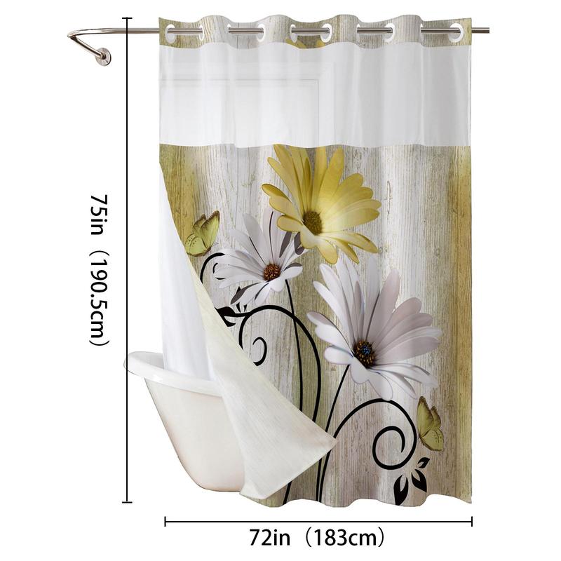 Double-Layer Daisy Printed Shower Curtain - Hookless Waterproof Fabric for Bathroom