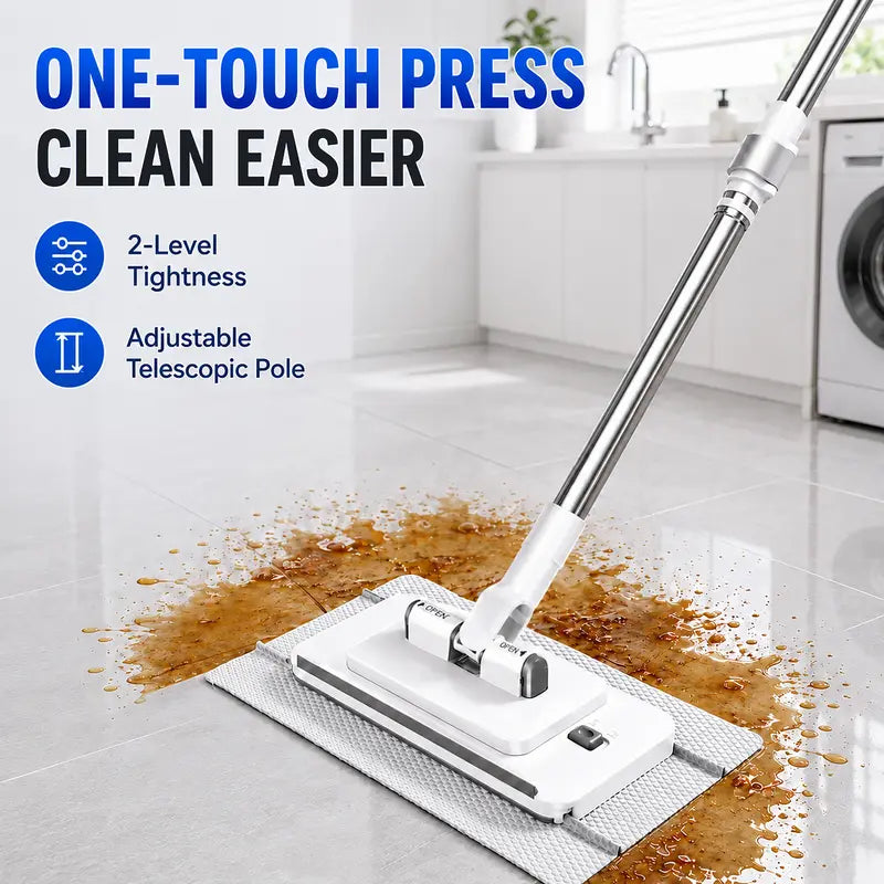 Retractable Disposable Pad Handheld Mop - Clamp-and-Go Wet Dry Tool with Hands-Free Automatic Clamp