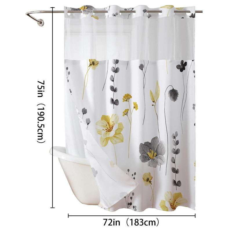 Ink and Wash Floral Double-Layer Shower Curtain, Hookless Country Style Decor, 72x75in