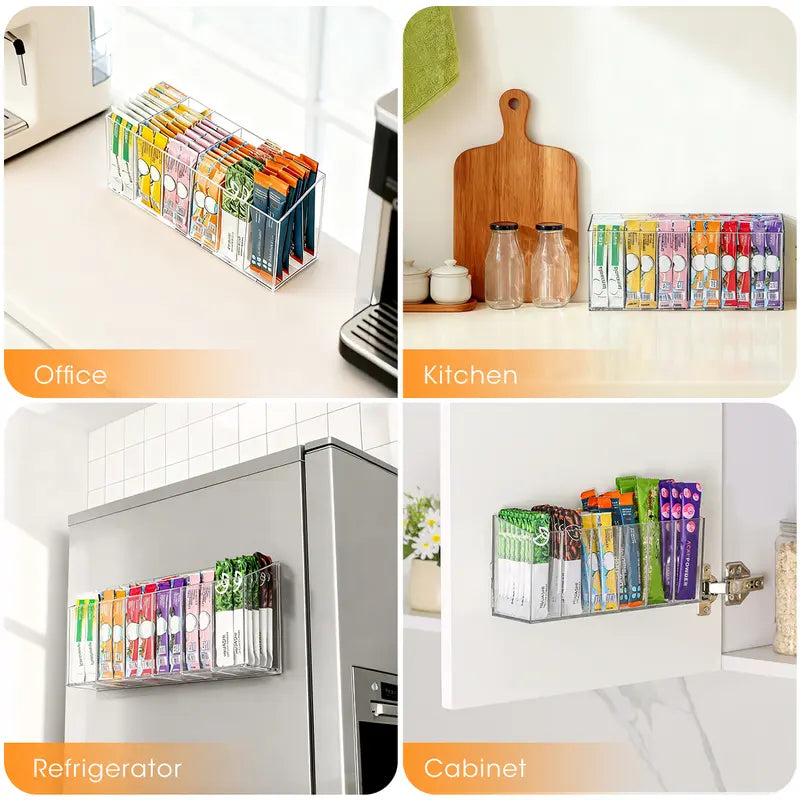 Drink Packet Organizer, Mountable Space-Saving Tidy Counter Setup Holder with Adhesive & Magnetic Sticker