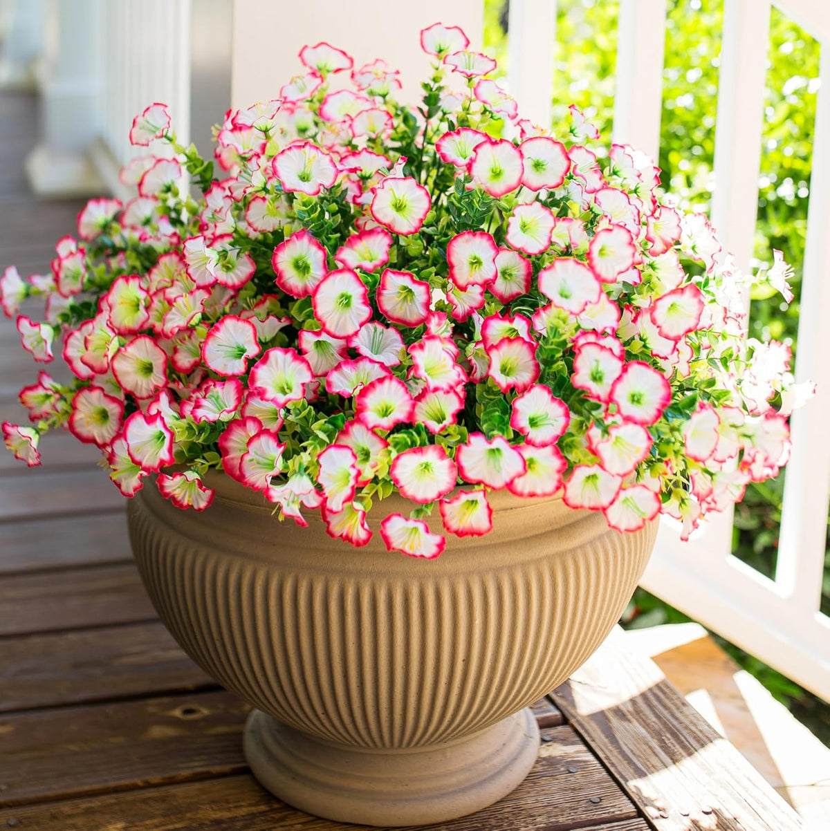 Artificial Flowers for Outdoors Fake Plants Spring Summer Decor, 12 Bundles Orange Silk Morning Glory with Eucalyptus Look Real UV Resistant Faux Flowers for Outside Planters Front Door Yard Indoor