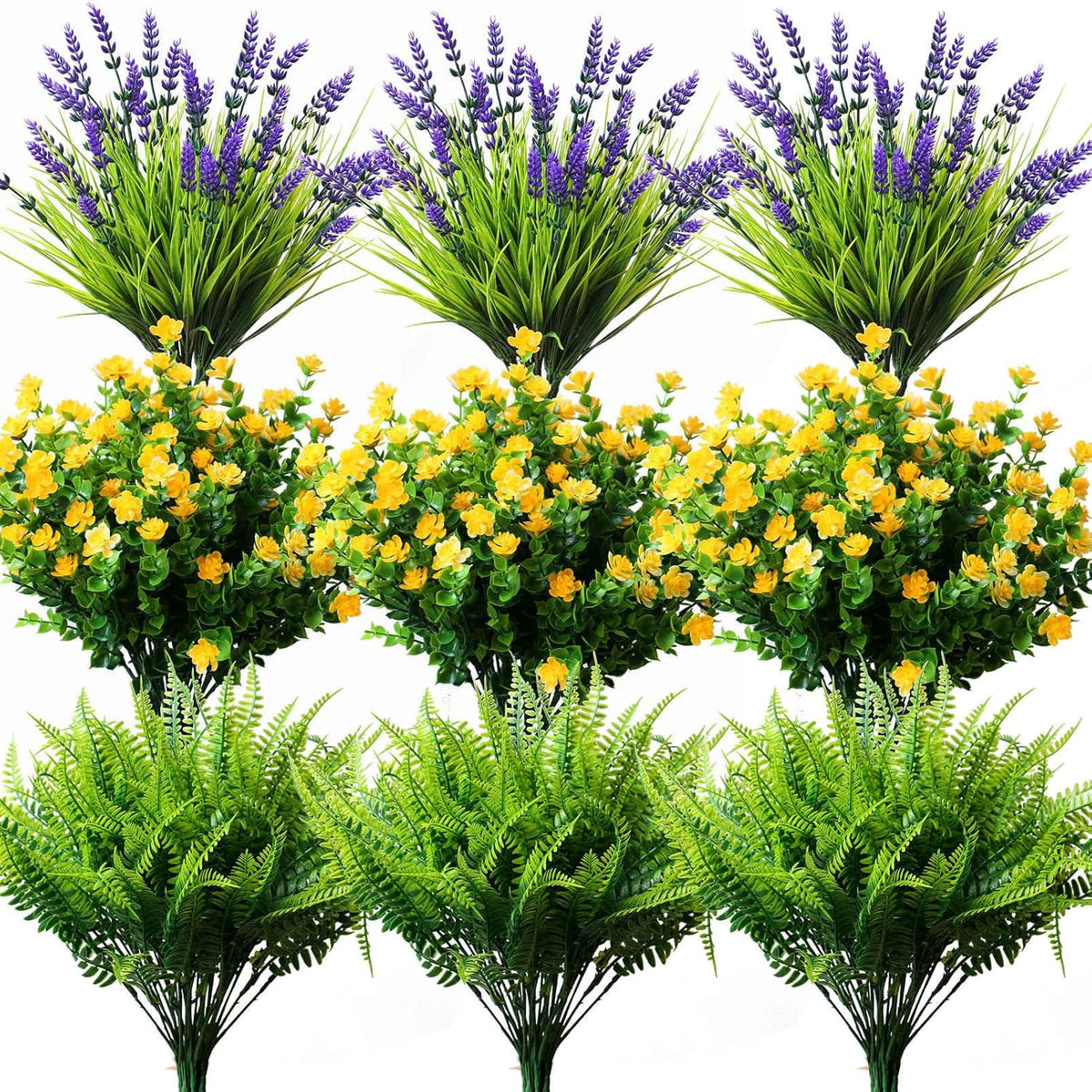 18PCS Outdoor Artificial Faux Plants Spring Summer Decorations, UV Resistant Bulk Realistic Fake Bushes Grass Eucalyptus Outside Plastic Greenery Shrubs for Front Porch Patio Window Box