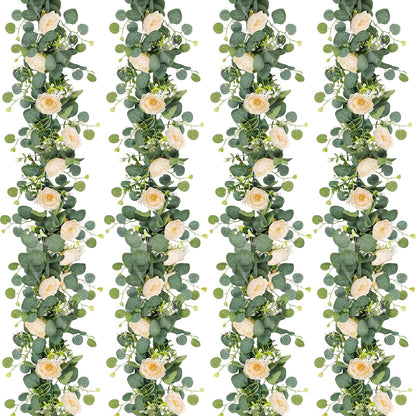 TOCHGREEN 2 Pack 13Ft Artificial Eucalyptus Flower Garland with Pink Roses, Fake Rose Flower Greenery Garland Floral Vines for Wedding Home Party Table Runner Decor (4PCS, Pink)