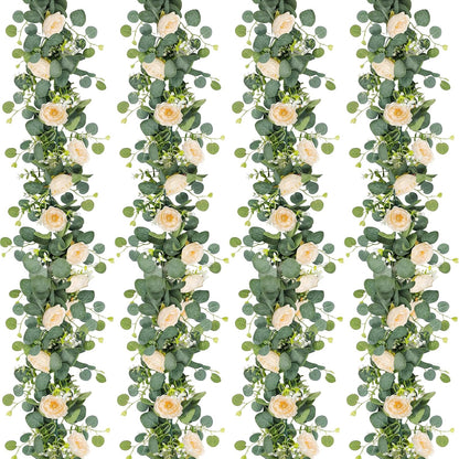 TOCHGREEN 2 Pack 13Ft Artificial Eucalyptus Flower Garland with Pink Roses, Fake Rose Flower Greenery Garland Floral Vines for Wedding Home Party Table Runner Decor (4PCS, Pink)