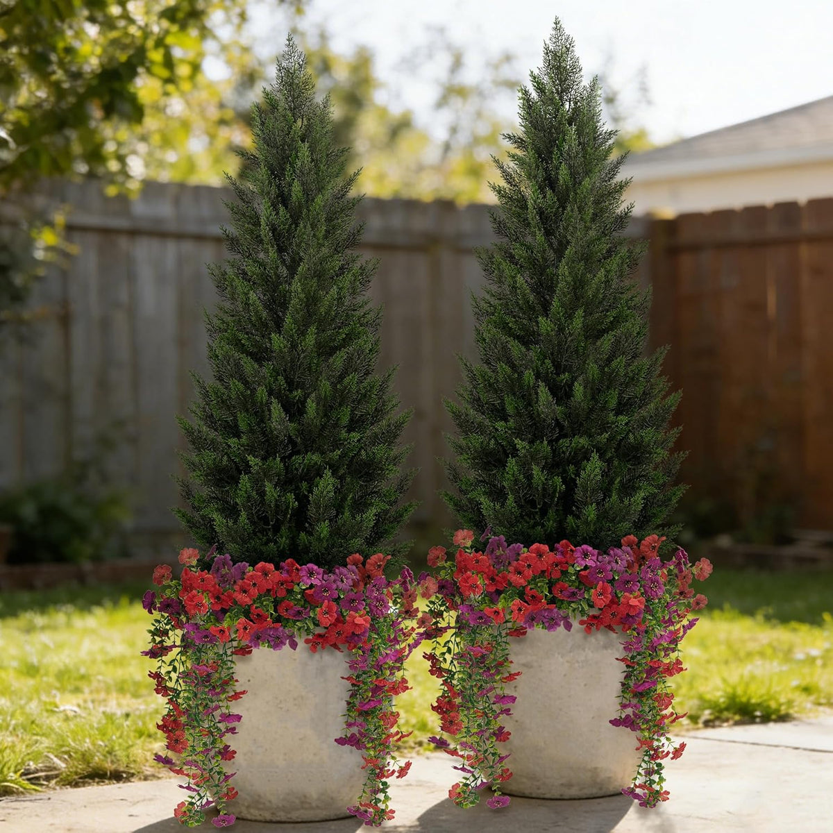Artificial Topiary Cedar Trees 3FT Tall 2 Set with 12 Bundles Faux Silk Flowers, Outdoor Indoor Faux Pine Shrubs Plants, Fake Bushes Plants for Home Front Porch Door Patio