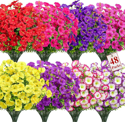 Alupssuc 24 Bundles Artificial Flowers for Outdoors, Faux Spring Flowers for Decoration, UV Resistant Silk Morning Glory with Eucalyptus Realistic Fake Flowers for Yard Planter Porch Garden, 5 Colors
