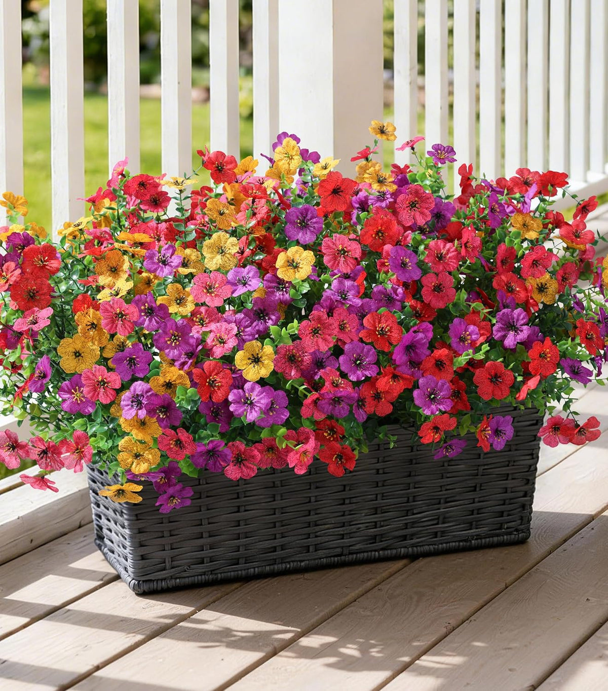 Ivydale Artificial Flowers for Outdoor 24 Bundles Fake Mums with Eucalyptus Leaves UV Resistant Silk Faux Daisy Flower Plant for Outside Home Porch Patio Window Box, 6 Color Mixed