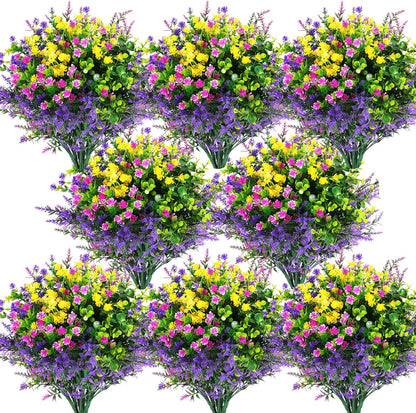 Hananona 12 Pcs Artificial Flowers Outdoor, Faux Artificial Plants UV Resistant Plastic Flower Bulk for Hanging Planter Porch Window Home Wedding Fall Summer Decor (12, Fuchsia, Purple, Yellow, Green)