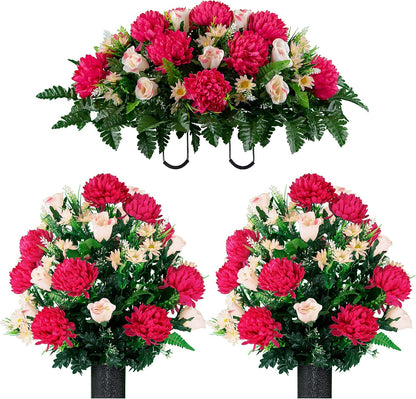 Sympathy Silks Artificial Cemetery Flowers – Realistic Vibrant Roses, Outdoor Grave Decorations - Non-Bleed Colors, and Easy Fit - 1 Purple Mum and Yellow Rose Saddle for Headstone