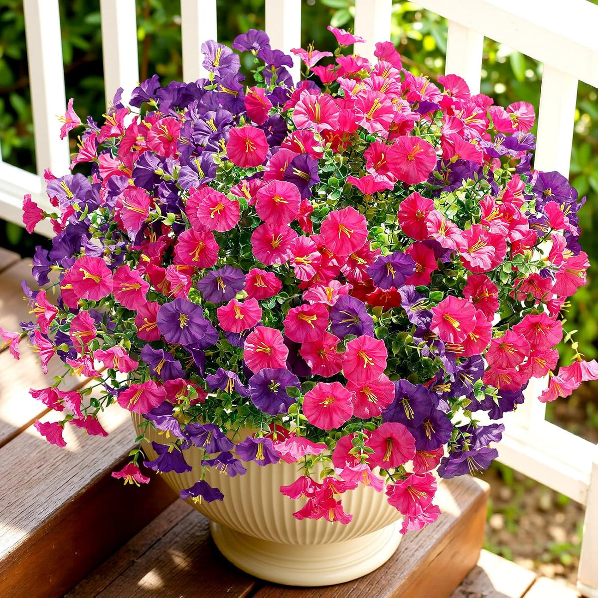 Alupssuc 24 Bundles Artificial Flowers for Outdoors, Faux Spring Flowers for Decoration, UV Resistant Silk Morning Glory with Eucalyptus Realistic Fake Flowers for Yard Planter Porch Garden, 5 Colors