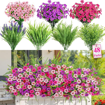 Alupssuc 24 Bundles Artificial Flowers for Outdoors Spring Decoration, UV Resistant Faux Eucalyptus Violet and Lavender Silk Fake Plants for Outside Indoor Yard Home Patio Decor, Red Rose Purple