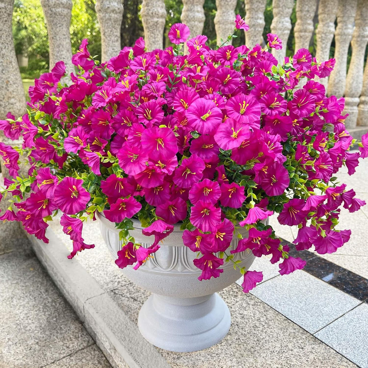 Artificial Fake Flowers For Outdoor Outside Decoration, 16 Bundles UV Resistant Faux Plastic White Flowers with Green Eucalyptus Stem Plants Bulk Look Real for Home Porch yard Patio Planters (White)
