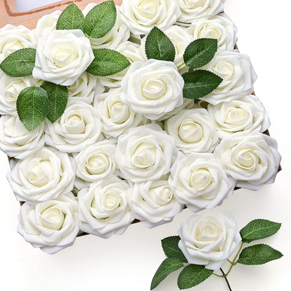 Mocoosy 50Pcs Rose Artificial Flowers, Lavender Fake Roses for Decorations, Purple Foam Fake Flowers with Stem for DIY Wedding Bouquet Bridal Shower Mother's Day Floral Arrangement Party Home Decor