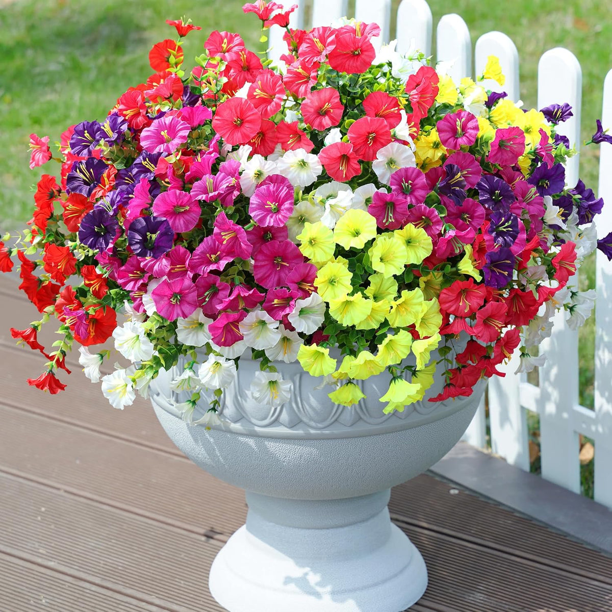 Artificial Flowers Fake Plants for Outdoors Decoration, 12 Bundles Silk Morning Glory with Eucalyptus Realistic UV Resistant Faux Flowers for Outside Planter Porch Yard Patio Garden Home Indoor, Mix