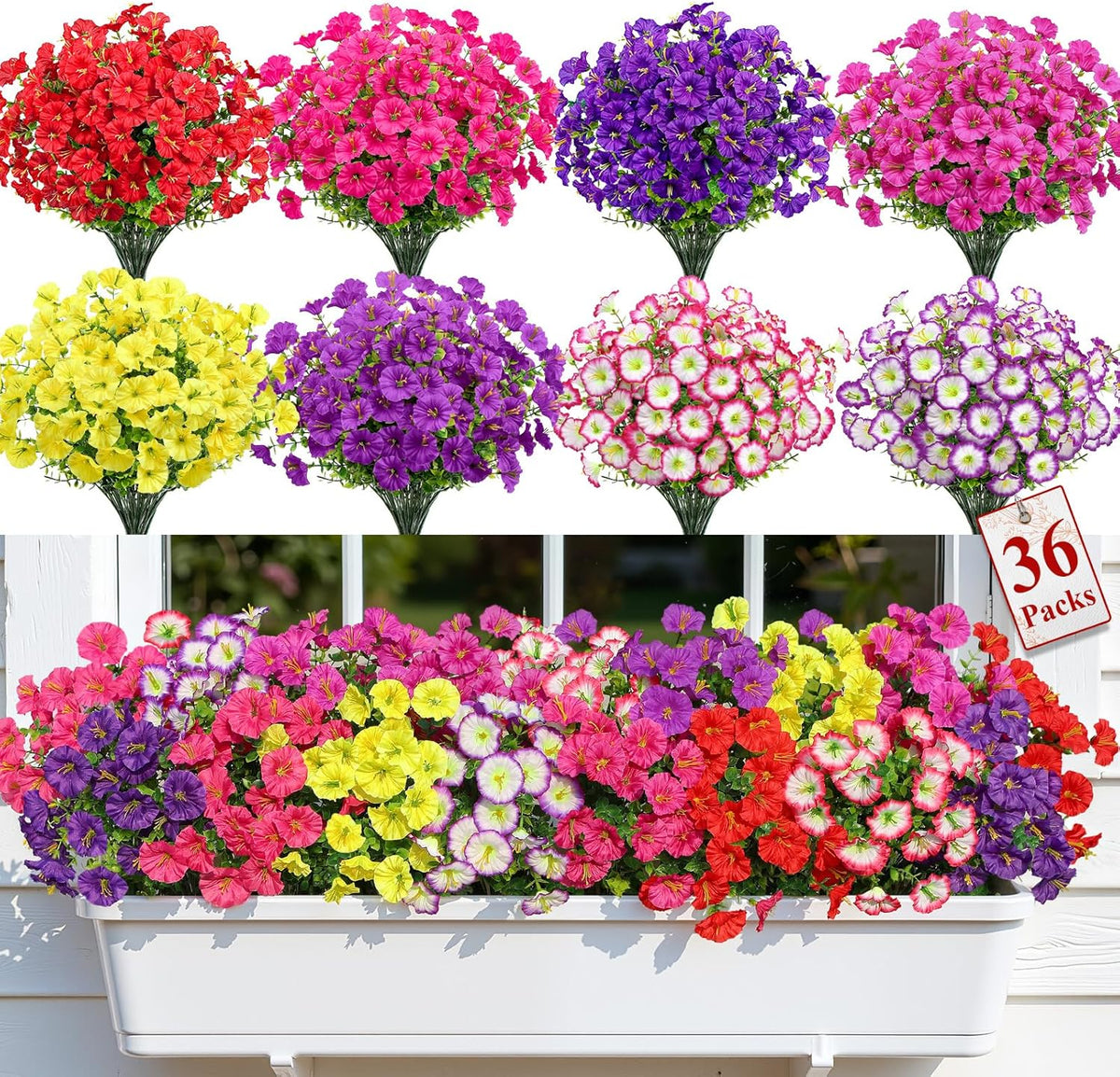 Alupssuc 24 Bundles Artificial Flowers for Outdoors, Faux Spring Flowers for Decoration, UV Resistant Silk Morning Glory with Eucalyptus Realistic Fake Flowers for Yard Planter Porch Garden, 5 Colors