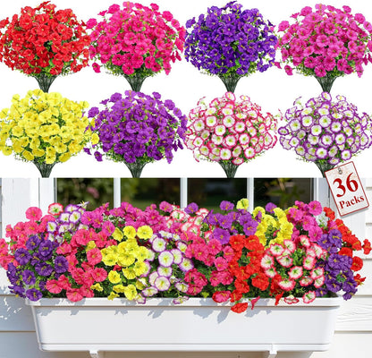 Alupssuc 24 Bundles Artificial Flowers for Outdoors, Faux Spring Flowers for Decoration, UV Resistant Silk Morning Glory with Eucalyptus Realistic Fake Flowers for Yard Planter Porch Garden, 5 Colors