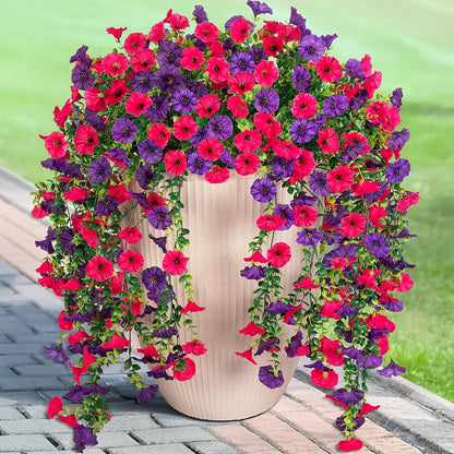 Artificial Hanging Petunia Flowers for Outdoor, 8 Pcs Fake Plants Long Vine Morning Glory Eucalyptus, UV Resistant Realistic Faux Greenery Outdoor Patio, Porch, and Garden Spring Summer Decor, Mix Color