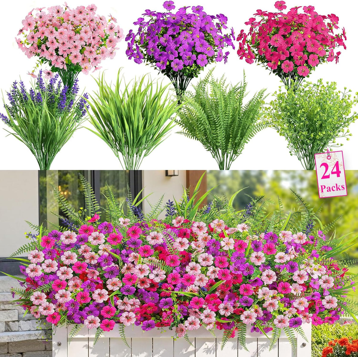Alupssuc 24 Bundles Artificial Flowers for Outdoors Spring Decoration, UV Resistant Faux Eucalyptus Violet and Lavender Silk Fake Plants for Outside Indoor Yard Home Patio Decor, Red Rose Purple