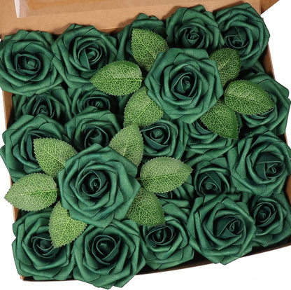 50 Pcs Artificial Flower，Real Touch Foam Roses w/Stem DIY for Wedding Bouquet Centerpieces Party Shower Home Decor-Green boxpack