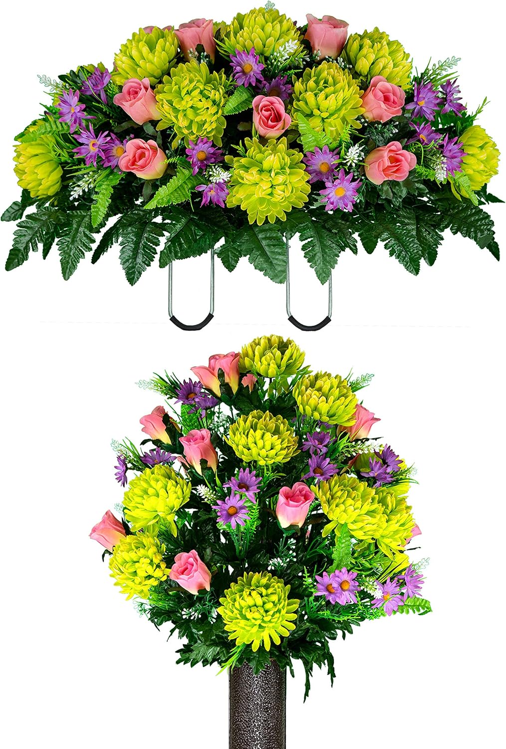Sympathy Silks Artificial Cemetery Flowers – Realistic Vibrant Roses, Outdoor Grave Decorations - Non-Bleed Colors, and Easy Fit - 1 Purple Mum and Yellow Rose Saddle for Headstone
