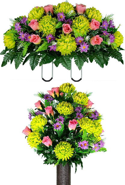 Sympathy Silks Artificial Cemetery Flowers – Realistic Vibrant Roses, Outdoor Grave Decorations - Non-Bleed Colors, and Easy Fit - 1 Purple Mum and Yellow Rose Saddle for Headstone