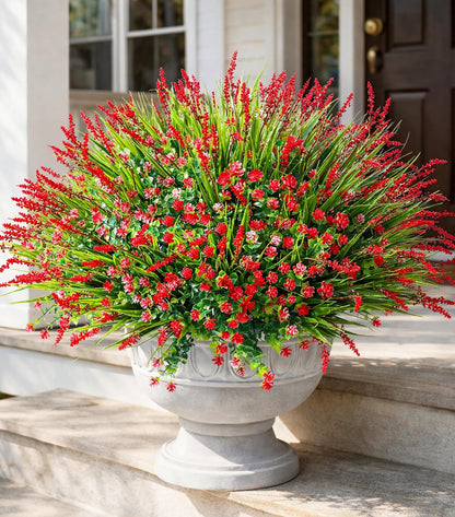 Artificial Fake Outdoor Plants Flowers for Spring Decoration, UV Resistant Realistic White Plastic Flowers Faux Plant Monkey Grass for Planter Home Garden Porch Patio Window Box