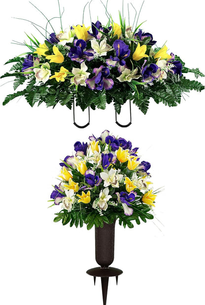 Sympathy Silks Ruby's Silk Flowers Artificial Flowers - Weighted Pot Bouquet Decoration - Height 18"-20" - Red Tulip and White Iris Potted Flowers