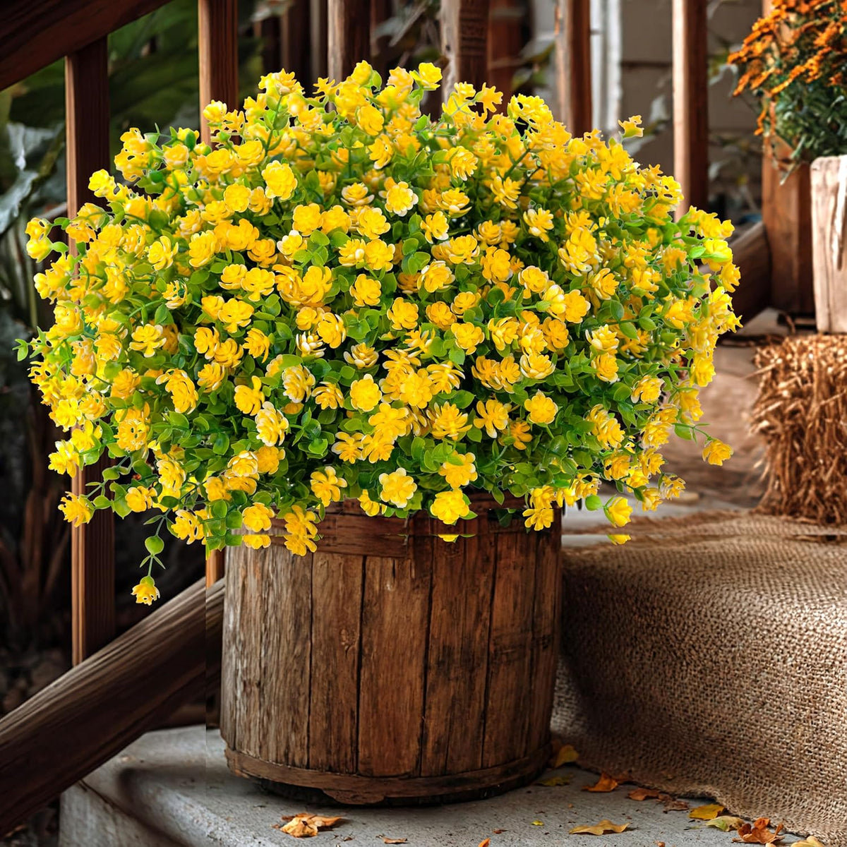 Artificial Fall Flowers Outdoor Fake Mums - 12 Bundles Fake Plants UV Resistant No Fade Faux Plastic Greenery Garden Porch Patio Fall Home Decor(OrangeGreen)