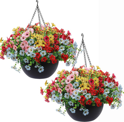 2 Sets Artificial Hanging Plants Flowers with Basket for Outdoors, 30 Bundles UV Resistant Fake Plants Spring Summer Decoration Faux Silk Eucalyptus Garden Patio Yard Front Porch Balcony Arrangement