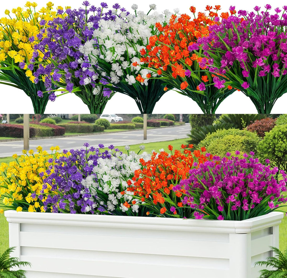 Lnoicy 20 Pcs Artificial Flowers for Outdoor, Plastic Flowers Decoration, UV Resistant Faux Flowers Shrubs, Artificial Plants for Indoor and Outdoor Garden Home Wedding Farmhouse (7 Colors)