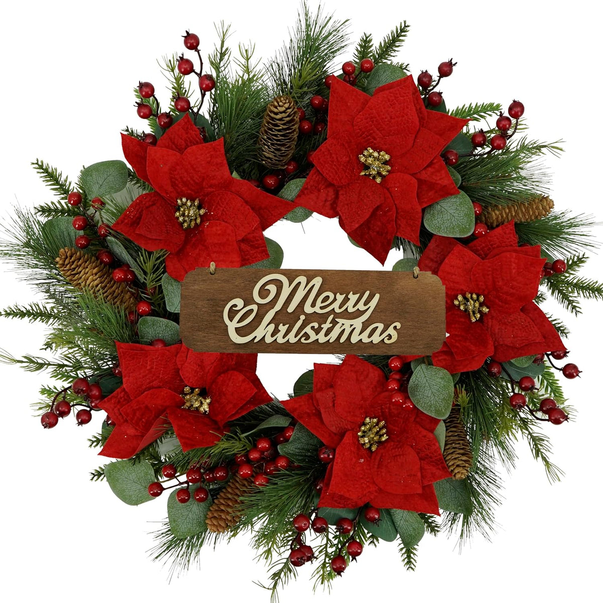 20 inch Spring Summer Wreaths for Front Door Floral Wreath with Colorful Wildflowers, Eucalyptus Leaves, Olive Leaves, Small Berries for Indoor Outdoor Farmhouse Home Wall Window Festival Decoration