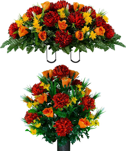 Sympathy Silks Artificial Cemetery Flowers – Realistic Vibrant Roses, Outdoor Grave Decorations - Non-Bleed Colors, and Easy Fit - 1 Purple Mum and Yellow Rose Saddle for Headstone