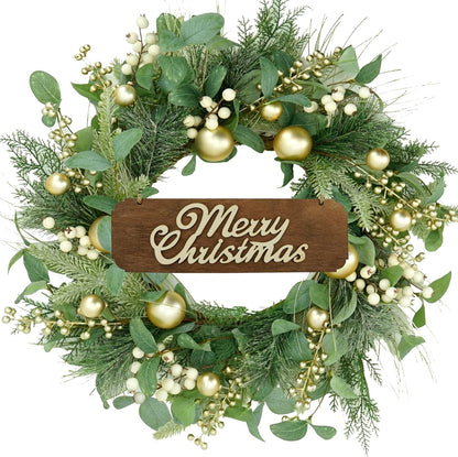 Artificial Spring Summer Wreath with Pansy Flowers, Flocked Lamb Ear Leaves, Eucalyptus Leaves, Fern Branches for Front Door Indoor Outdoor Farmhouse Wall Holiday Decor, White Gift Box Included